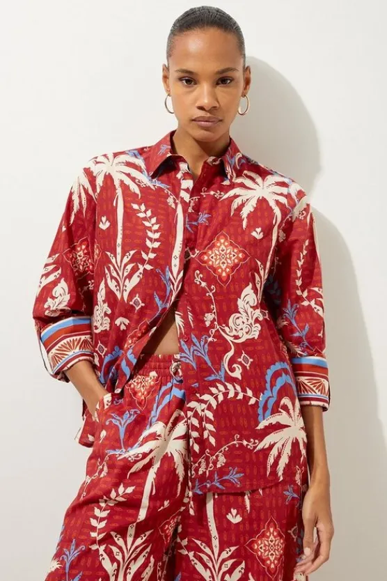 Karen Millen Printed Cotton Voile Beach Shirt rust Best
