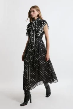 Karen Millen Printed Dobby Ruffle Midi Dress mono Best