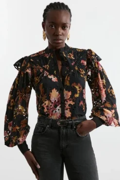 Karen Millen Printed Eyelet Woven Blouse With Guipure Trim floral Clearance
