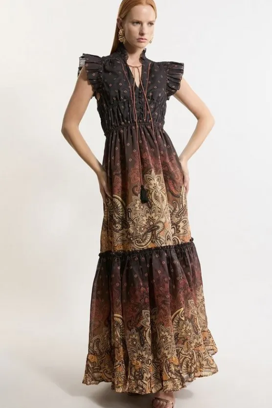 Karen Millen Printed Paisley Print Cotton Woven Maxi Dress desertyellow Outlet