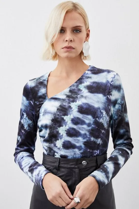 Karen Millen Printed Velvet Stretch Long Sleeve Bodysuit blue Online