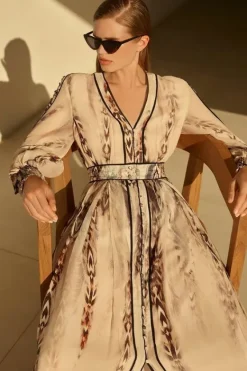Karen Millen Printed Viscose Floral Border Print Maxi Dress stone Discount