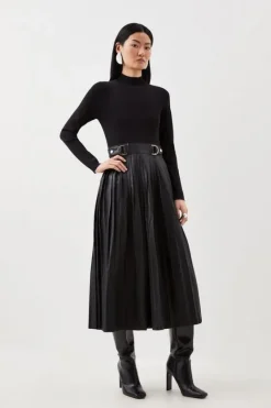 Karen Millen Pu Knit Pleated Skirt Midi Dress black New