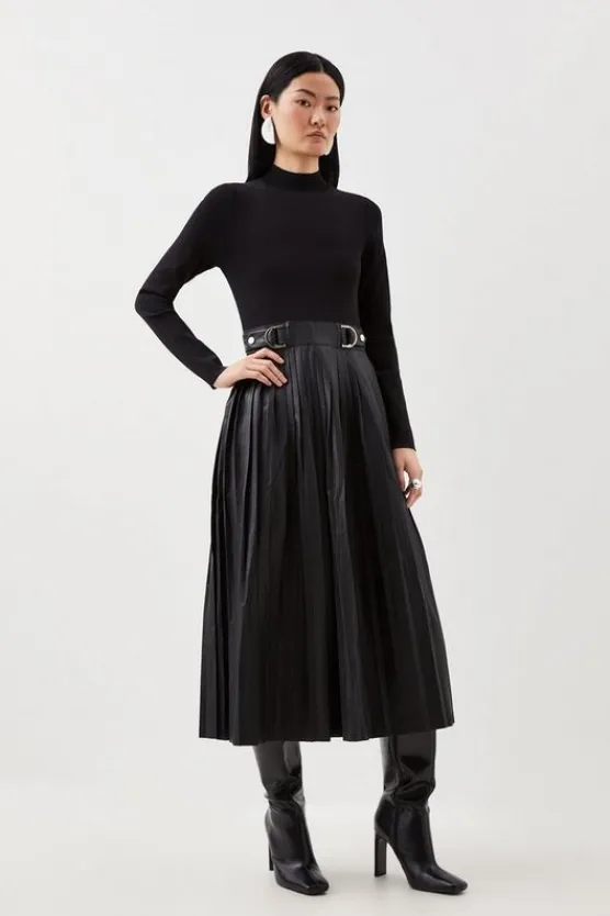 Karen Millen Pu Knit Pleated Skirt Midi Dress black New
