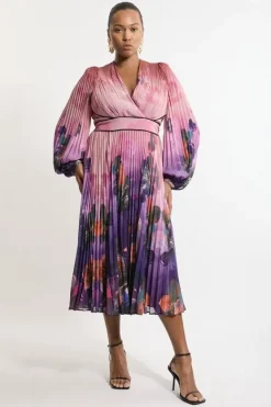 Karen Millen Pus Size Ombre Floral Soft Pleated Long Sleeve Maxi Dress purple Outlet