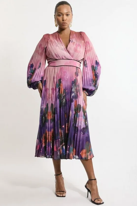 Karen Millen Pus Size Ombre Floral Soft Pleated Long Sleeve Maxi Dress purple Outlet