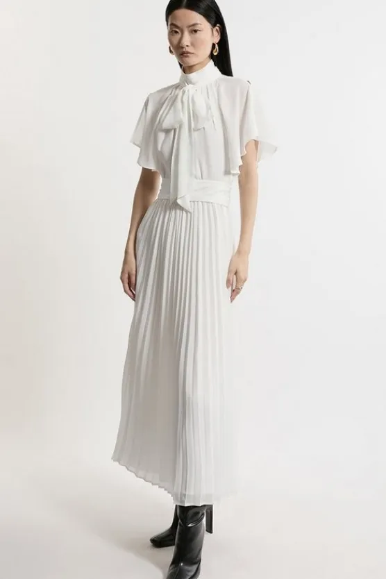 Karen Millen Pussy Bow Tie Georgette Belted Woven Midi Dress ivory Fashion