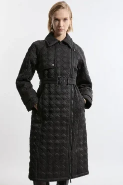 Karen Millen Quilted Belted Longline Trench Coat black Clearance