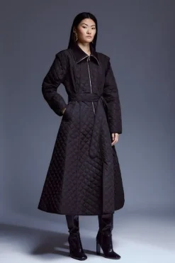 Karen Millen Quilted Full Skirted Belted Midi Coat black Fashion