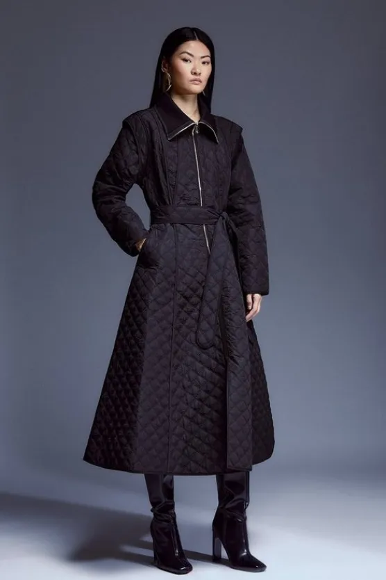 Karen Millen Quilted Full Skirted Belted Midi Coat black Fashion
