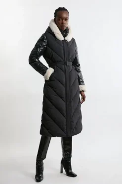 Karen Millen Quilted Hooded Longline Belted Coat black Outlet