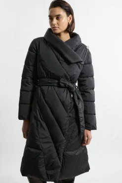 Karen Millen Quilted Padded Wrap Collar Coat black Discount