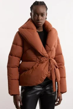 Karen Millen Quilted Padded Wrap Tie Oversize Collar Coat toffee Discount