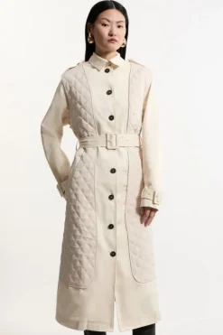 Karen Millen Quilted Panel Trench Coat ivory Fashion