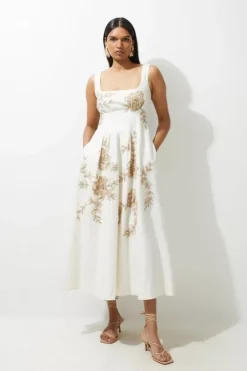 Karen Millen Raffia Embroidered Linen Woven Prom Dress natural Discount