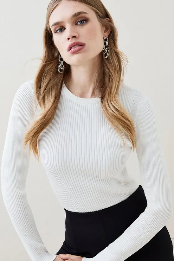 Karen Millen Rib Crew Neck Knit Sweater ivory Sale