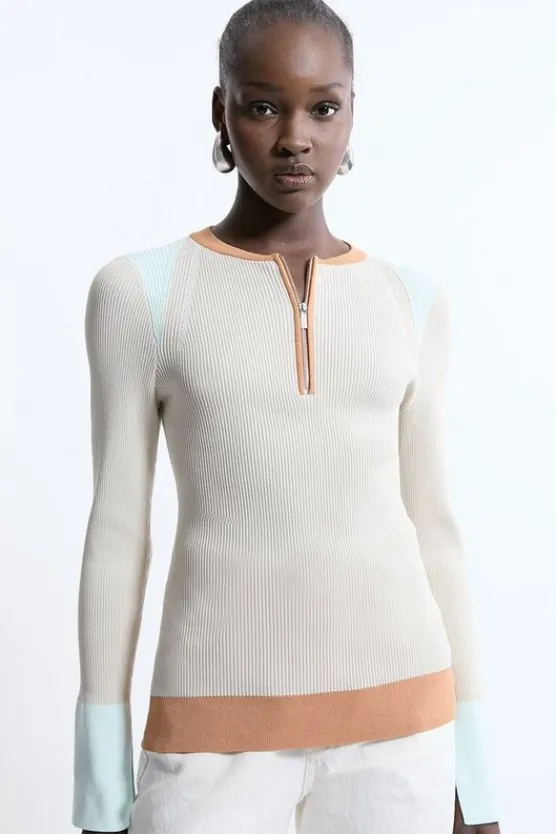 Karen Millen Rib Knit Half Zip Cuff Detail Top stone Outlet