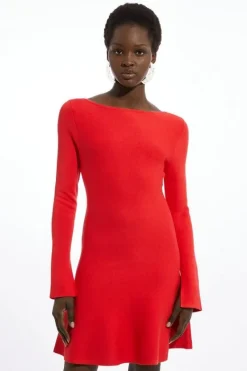 Karen Millen Rib Knit Peplum Sleeve Flippy Mini Dress red Outlet