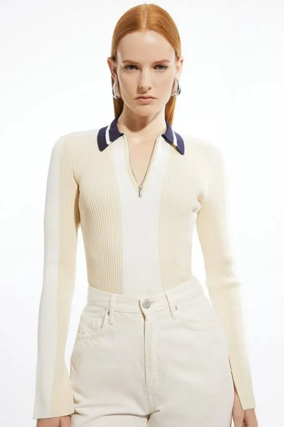 Karen Millen Rib Knit Polo Zip Up Top natural Hot