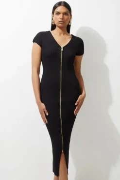 Karen Millen Rib Knit Zip Through Midi Dress black Online