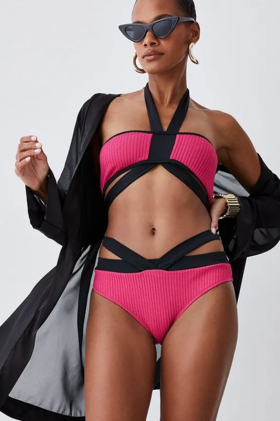 Karen Millen Ripple Colour Block Double Strap Bikini pink Clearance