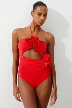 Karen Millen Rosette Cut Out Detail Swimsuit red Sale