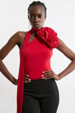 Karen Millen Rosette Neck Detailed Drapey Jersey Bodysuit tomatored Sale
