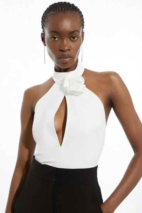 Karen Millen Rosette Ponte Jersey Keyhole Bodysuit ivory Online