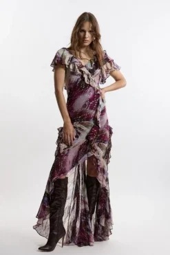 Karen Millen Ruffle Detail Metallic Thread Maxi Dress multi Clearance