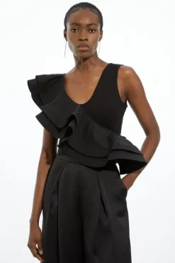 Karen Millen Ruffle Detail Ponte And Cotton Jersey Bodysuit black New