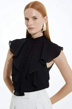 Karen Millen Ruffle High Neck Georgette Sleeveless Woven Blouse black Sale