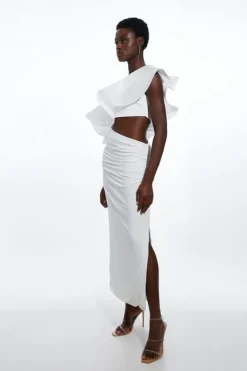 Karen Millen Ruffle Ponte And Cotton Mix Jersey Cut Out Maxi Dress ivory Best