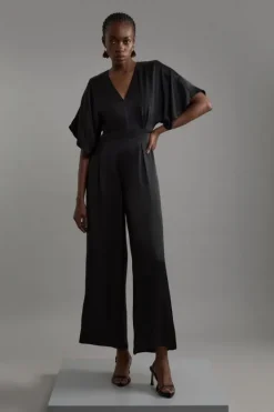 Karen Millen Satin Angel Sleeve Woven Maxi Jumpsuit black New