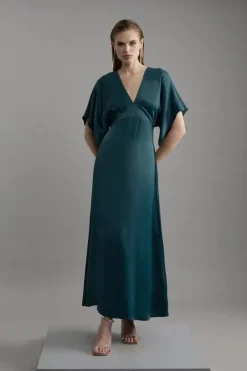 Karen Millen Satin Angel Sleeve Woven Maxi Dress teal Fashion