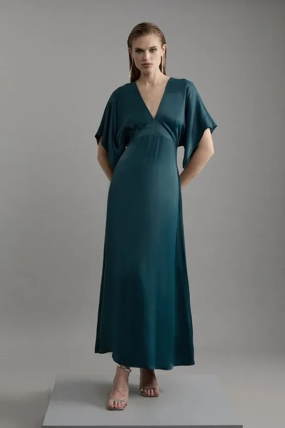 Karen Millen Satin Angel Sleeve Woven Maxi Dress teal Fashion