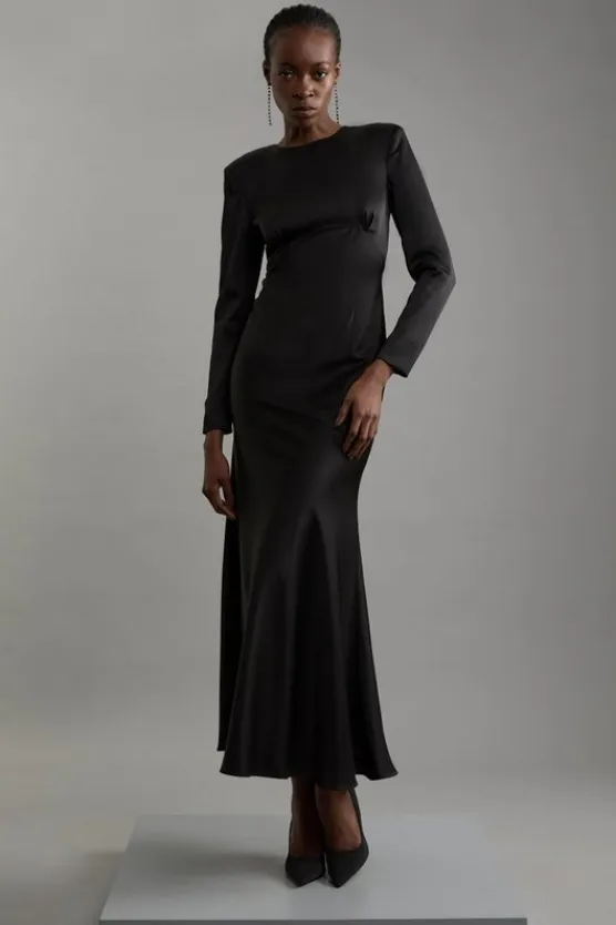 Karen Millen Satin Back Crepe Long Sleeved Column Woven Midaxi Dress black New