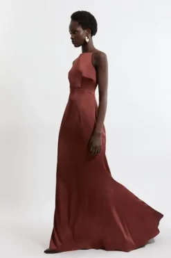 Karen Millen Satin Back Crepe Long Sleeved Column Woven Mid Dress chocolate Best