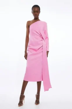 Karen Millen Satin Back Crepe One Shoulder Drape Midi Dress blush Clearance
