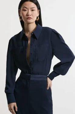 Karen Millen Satin Back Crepe Woven Blouse navy Hot