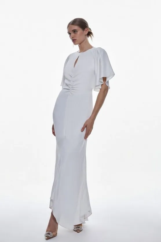 Karen Millen Satin Crepe Woven Angel Sleeve Maxi Dress ivory Outlet