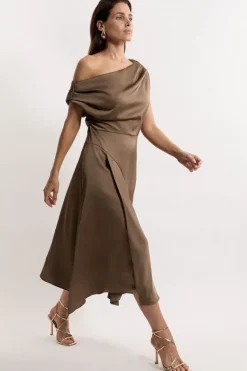 Karen Millen Satin Off The Shoulder Asymmetric Hem Woven Midi Dress minkbrown Outlet