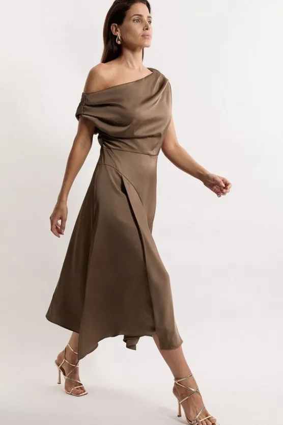 Karen Millen Satin Off The Shoulder Asymmetric Hem Woven Midi Dress minkbrown Outlet