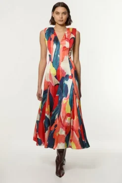 Karen Millen Satin Print V Neck Woven Maxi Dress multi New