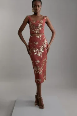 Karen Millen Satin Sequin And Embroidery Woven Co-Ord rust Discount