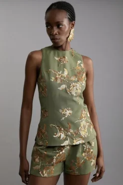 Karen Millen Satin Sequin And Embroidery Woven Co-Ord Set rust New