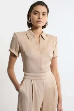 Karen Millen Satin Zip Front Woven Polo Top champagne Hot