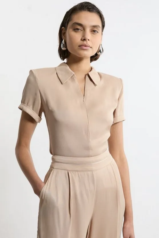 Karen Millen Satin Zip Front Woven Polo Top champagne Hot