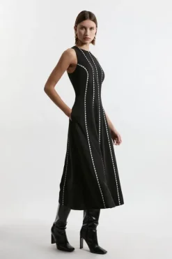 Karen Millen Scallop Trim Panelled Crepe Maxi Dress mono New