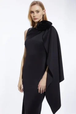 Karen Millen Scuba Crepe Dramatic Rosette Woven Cape Midi Dress black Sale