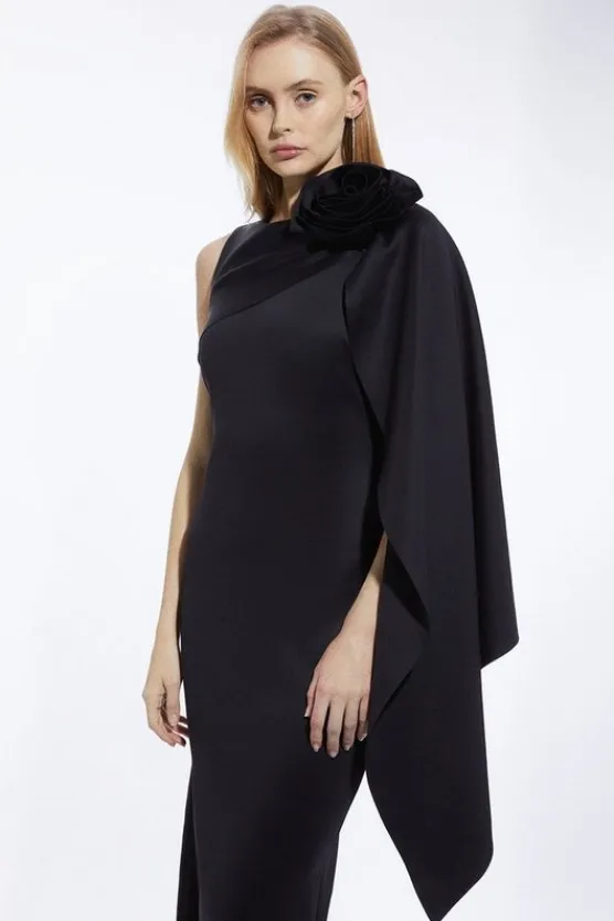 Karen Millen Scuba Crepe Dramatic Rosette Woven Cape Midi Dress black Sale